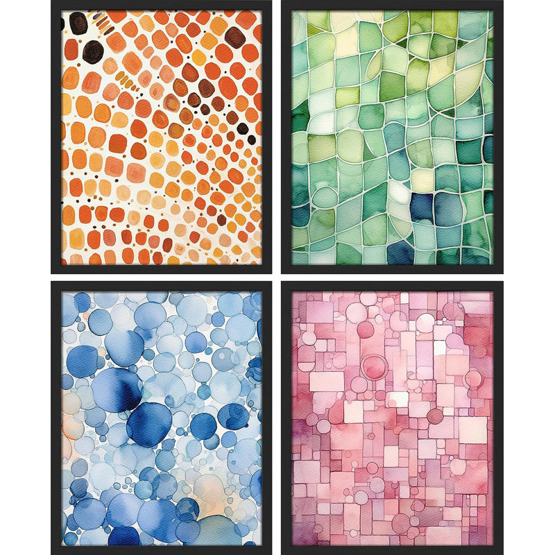 Aquarelle géométrique colorée à pois 4 pièces, Cadre noir, H 14 po x l 11 po x P 1 po