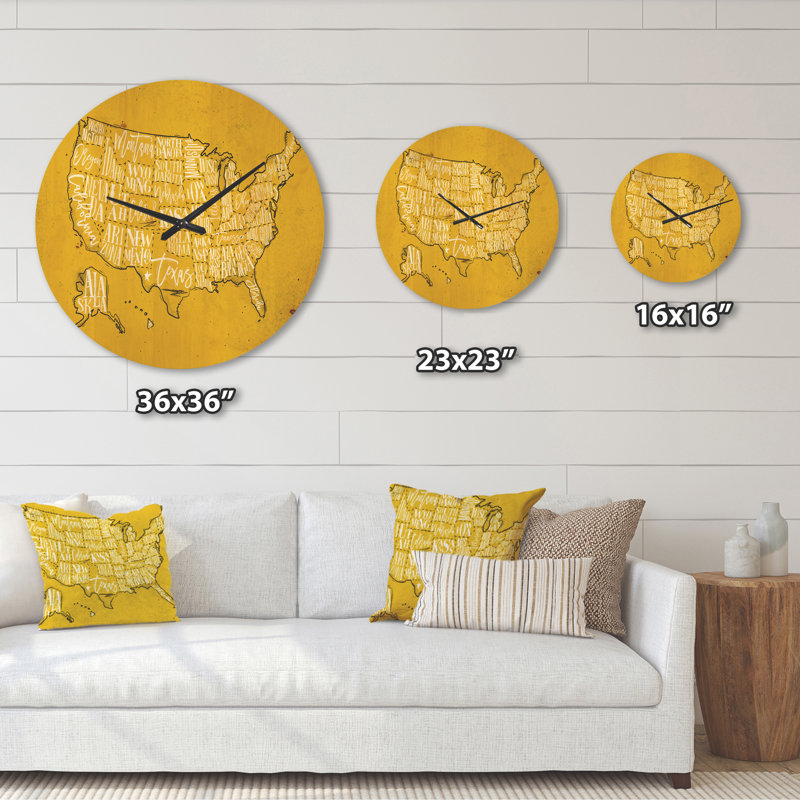 Carte vintage jaune des États-Unis - horloge murale moderne en bois, Grand