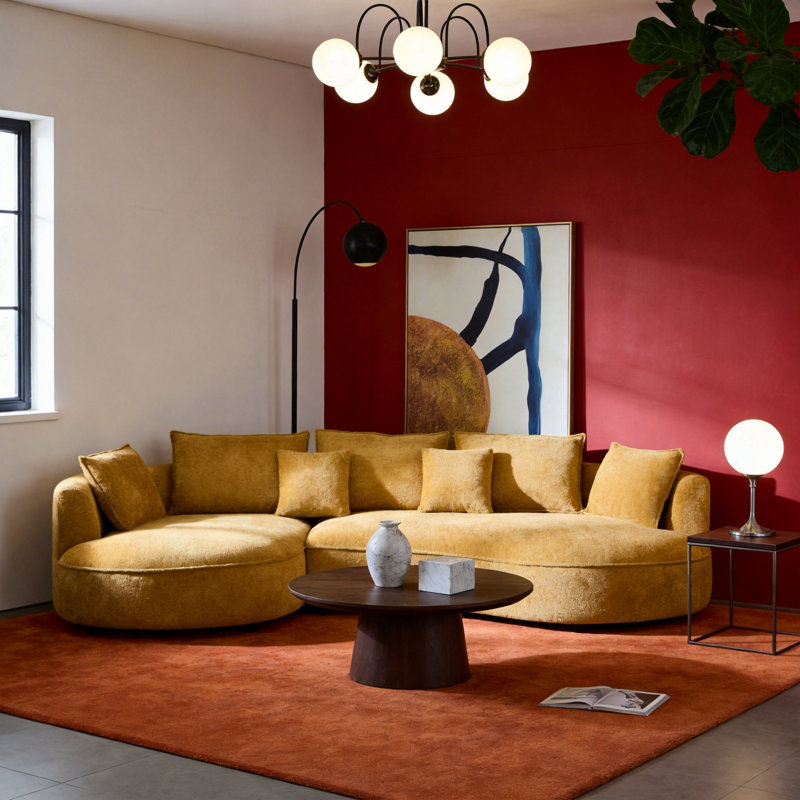 Curved Boucle Sectional Sofa in Warm Yellow, Modern Sculptural Couch with Deep Lounge Seating, Artistic Modular Sofa for Living Room