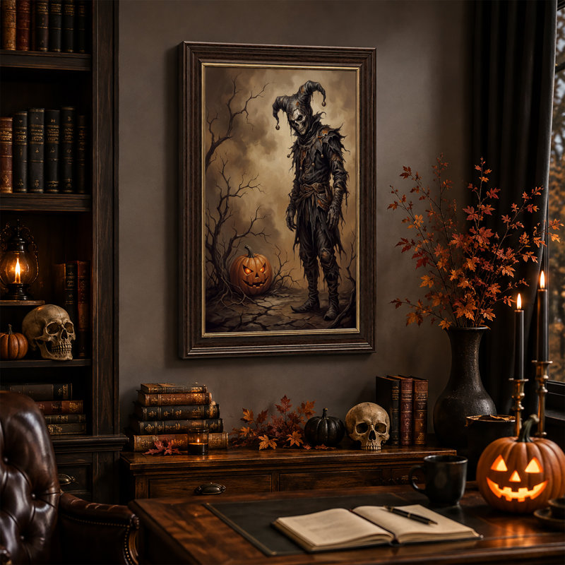 Bouffon squelette sombre avec citrouille lumineuse et toile murale d'Halloween, H 24 po x l 16 po