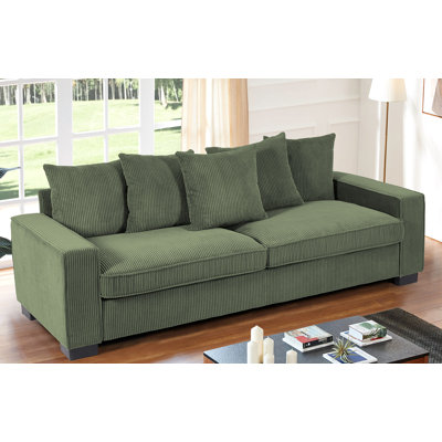 Canapé en velours côtelé luxueux avec 5 coussins décoratifs assortis, design élégant, canapé 3 places spacieux et confortable pour salon moderne, 224 cm de large, vert foncé