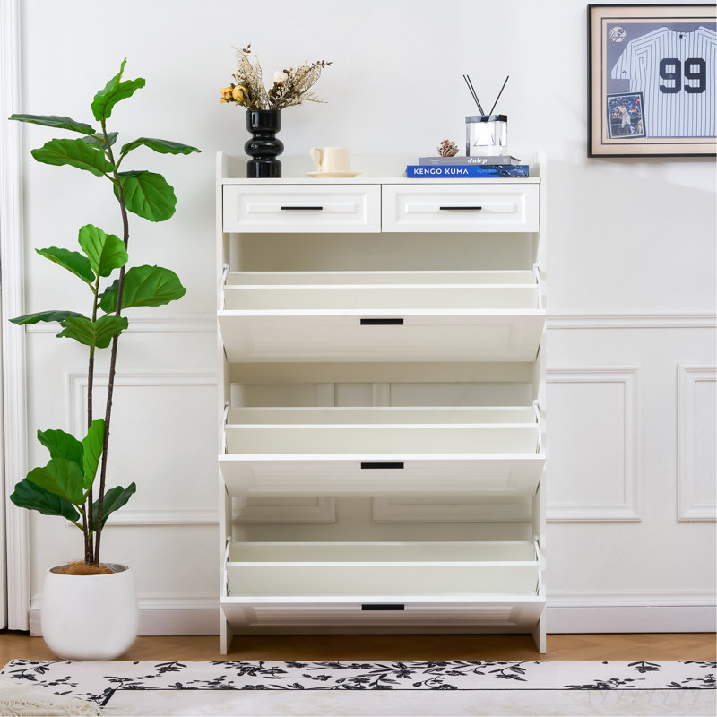 Two Drawers, Three-Fold Doors, Large Storage Shoe Cabinet, White, White