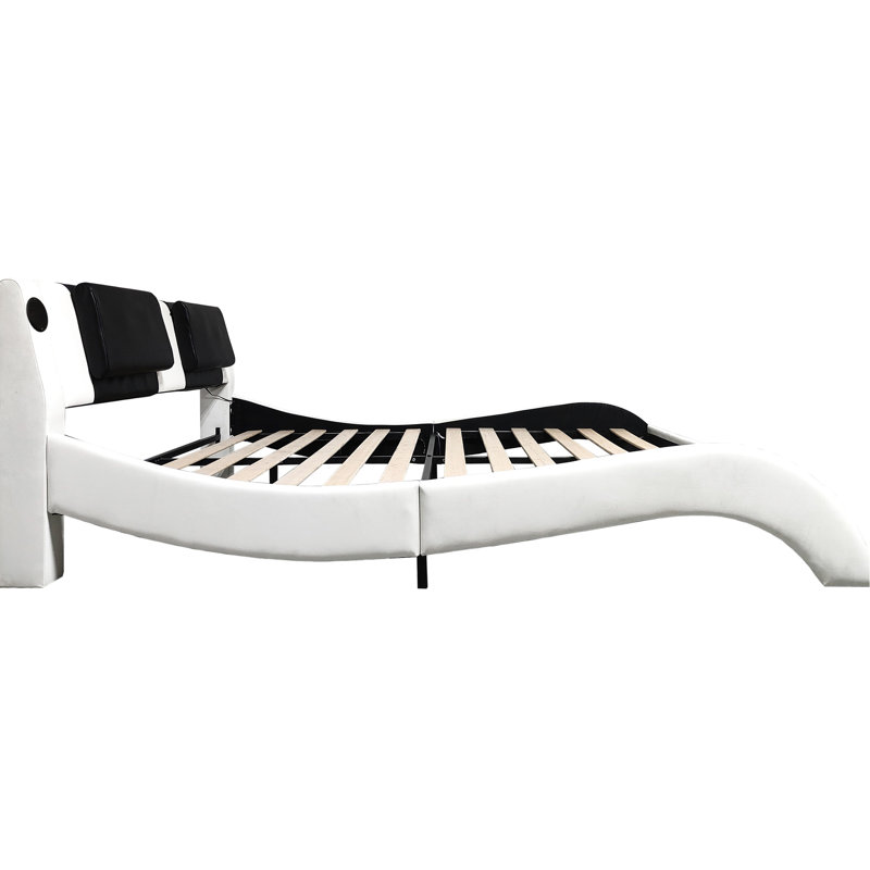 Structure de lit blanc très grand avec similicuir et éclairage DEL modulaire en cuir à vibration, 3 intensités, White, King