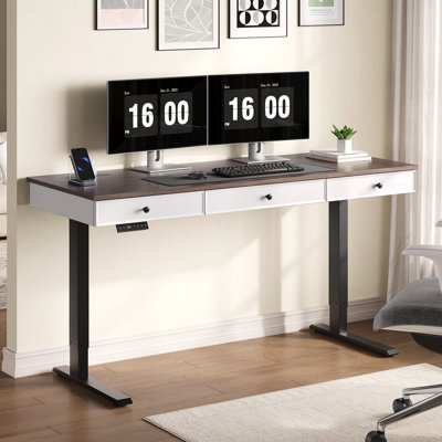 Farmhouse Electric Standing Desk with 3 Drawers and Power Outlets,Height Adjustable Executive Desk for Home Office