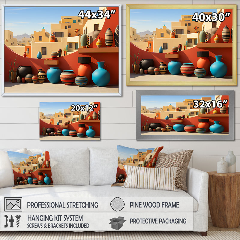 Art mural rouge, formation de poterie rouge cubiste, Cadre flottant brun, H 16 po x l 32 po x P 1 po