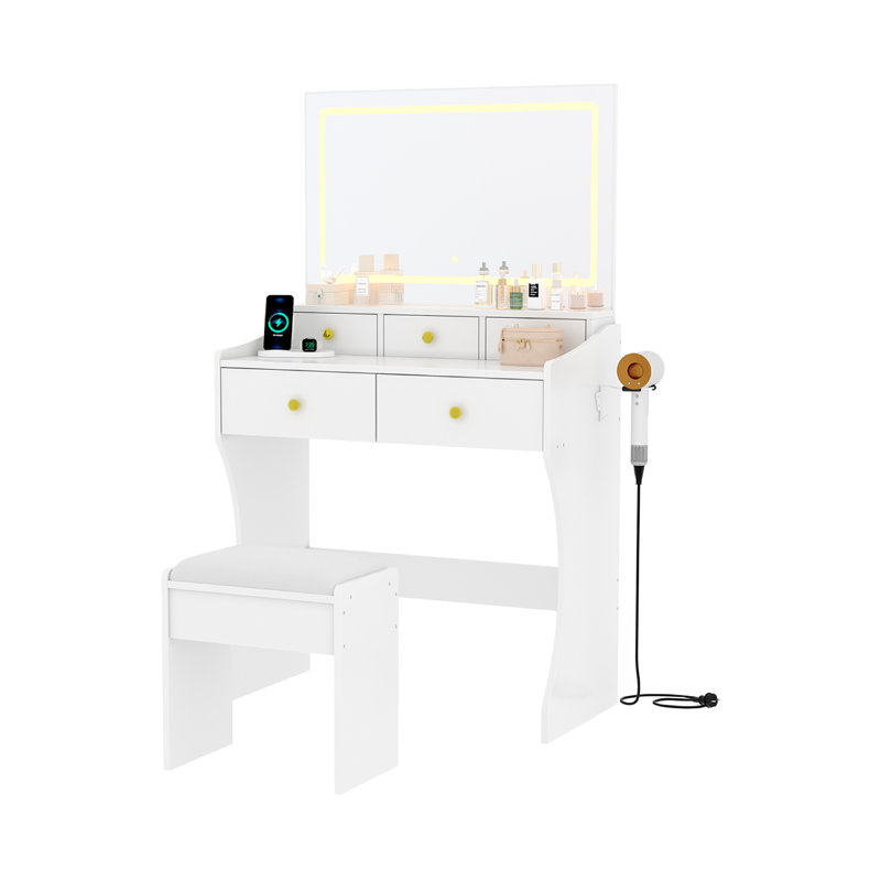 Ensemble de coiffeuse 31,5 po avec tiroirs de rangement et tabouret pour la chambre à coucher, Blanc