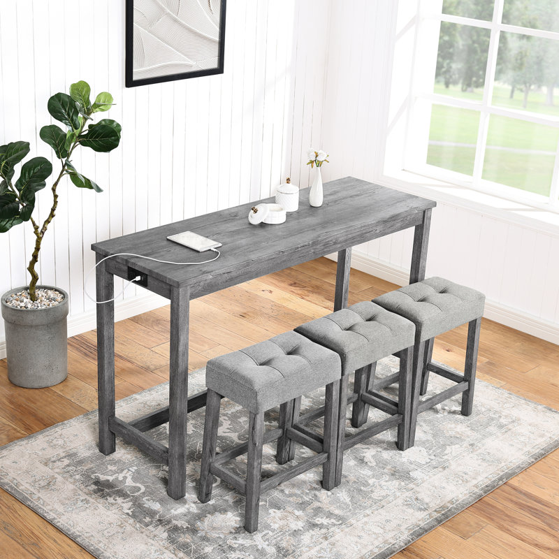 Table de petit-déjeuner industrielle avec prise électrique, ensemble de 4 pièces pour cuisine et salon - Sièges ergonomiques aspect bois, coin repas avec prises électriques, chaises de bar grises en mousse à mémoire de forme