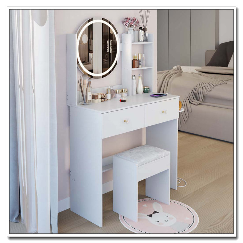 Round LED Mirror Vanity Table with Cushioned Stool, 2 AC+2 USB Sockets, Big Mirror, Touch Switch, 3 Light Colors, Adjustable Brightness