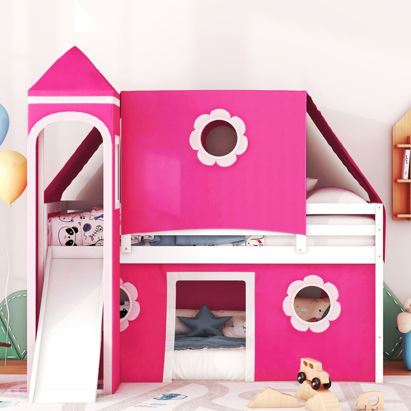 Lit mezzanine simple avec tente et tour rose Slide - Rose