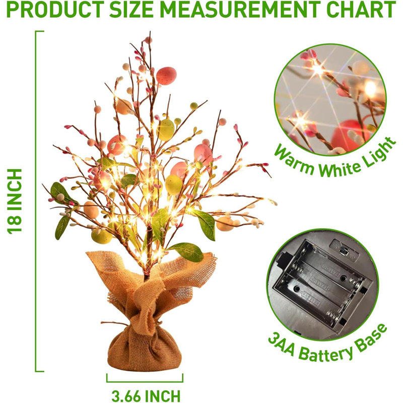 Spring Decorations, 2 Pack Spring Tree With Colourful Eggs, Battery Powered LED Tree Lights, Artificial Tabletop Centerpiece Lighted Tree For Holiday Party Spring Home Decor
