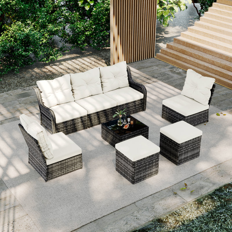 Louann Five-person Group Outdoor Wicker Set With Wicker Coffee Table And Two Ottomans, Beige, Gray