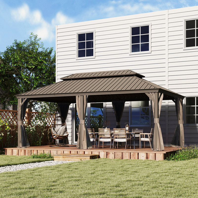 20 Ft. W x 14 Ft. D Galvanized Steel Patio Gazebo with Double Roof, Brown, Bronze
