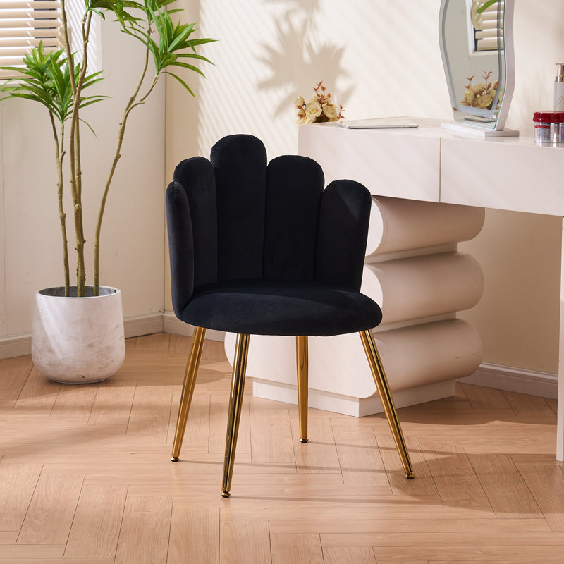 Tabouret de coiffeuse avec dossier en velours et pieds dorés, Noir, noir, noir, noir