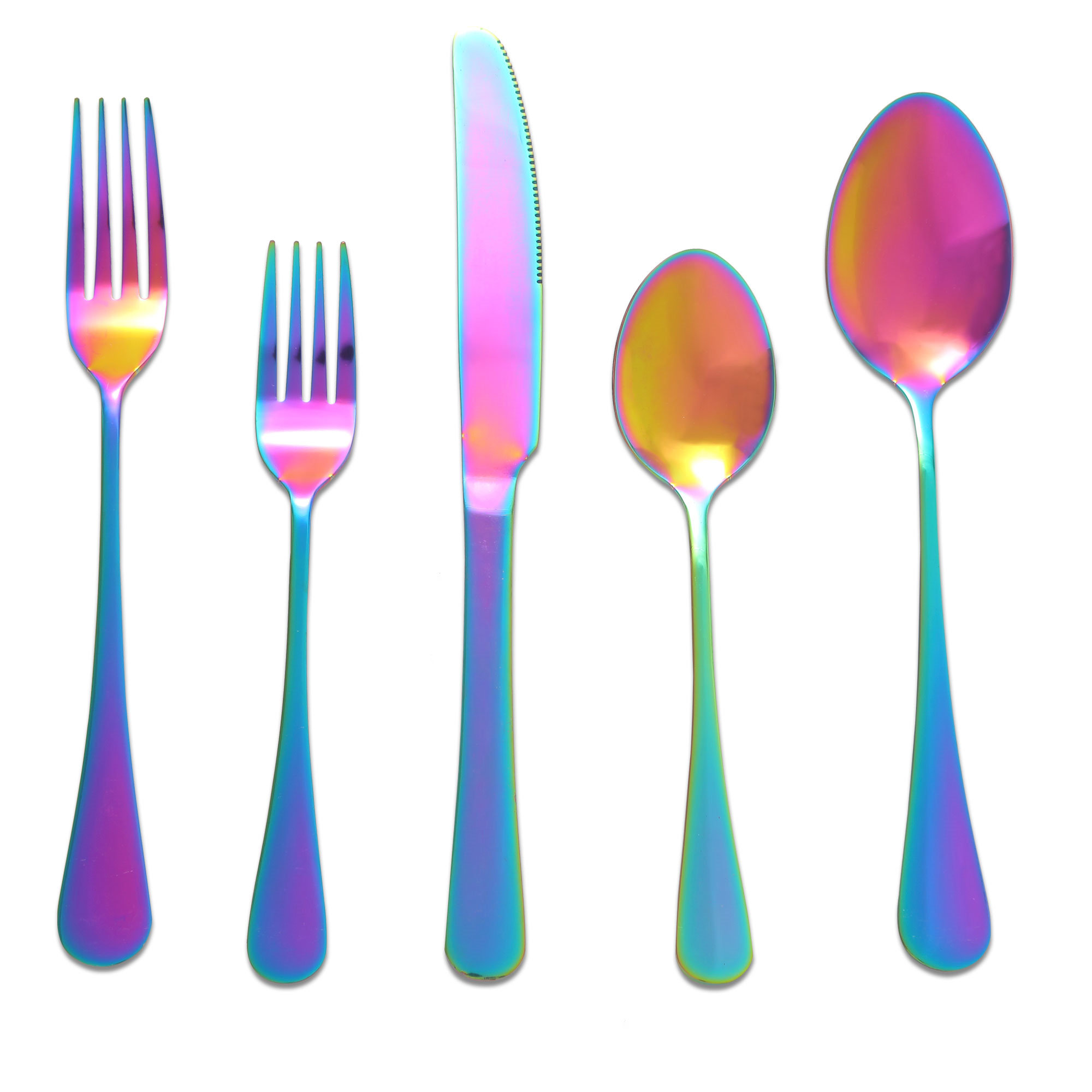 Outline Rainbow cutlery, small fork knife and spoon & big items.