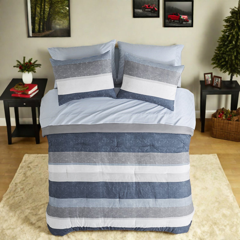 Ensembles de literie à rayures confortables, polyester hypoallergénique, design moderne gris / bleu marine pour les très grands lits
