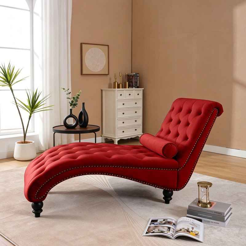 Méridienne Mid-Century moderne en velours avec garniture cloutée et pieds en bois massif, Rouge