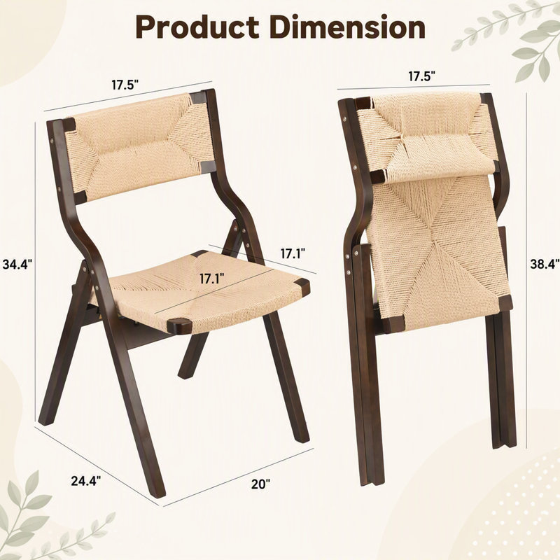 Chaises de salle à manger empilables en bois pliables avec siège tissé et dossier en sangle, idéales pour la cuisine, la salle à manger et divers espaces intérieurs / extérieurs, ensemble de 2