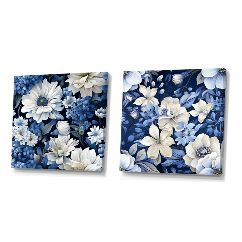 Ensemble de 2 collages floraux bleus et blancs à motif floral IV, Toile tendue, H 16 po x l 33 po