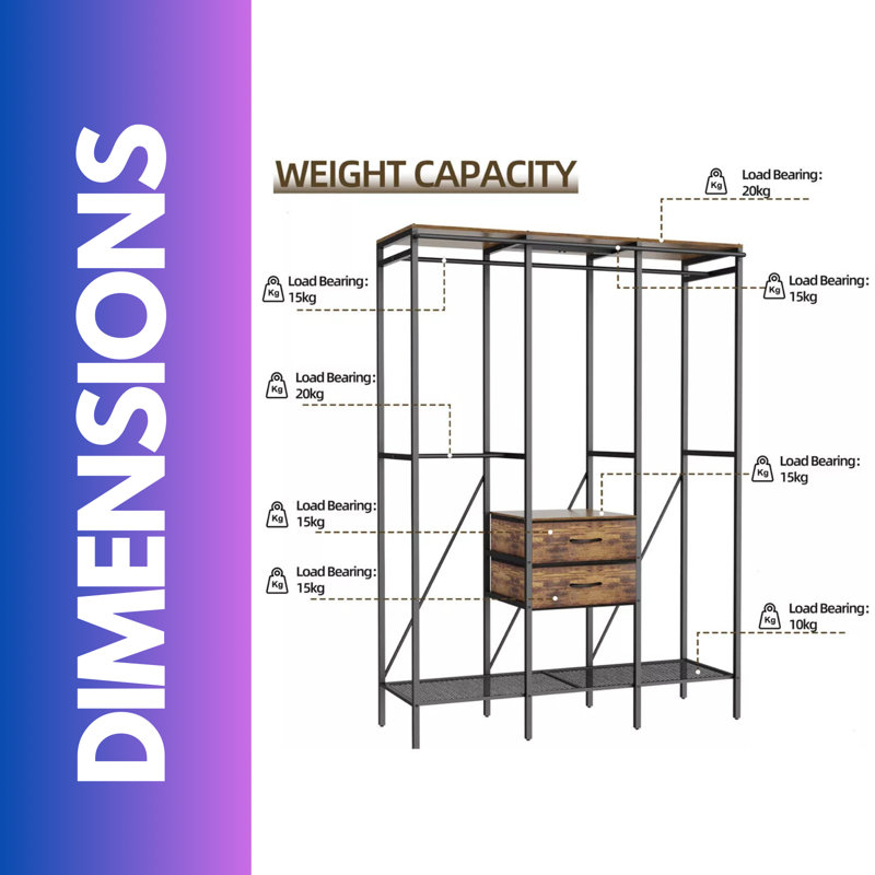Bartinus Industrial Rustic Open Wardrobe Garment Rail With Storage Shelves And Drawers