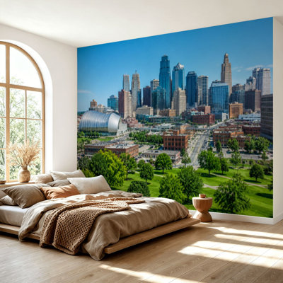 Wall Mural Peel and Stick Wallpaper Kansas City Missouri Skyline building grassland trees Self-Adhesive Removable Contact Paper Wall Decor for Living Room Bedroom 69"H x 96"W