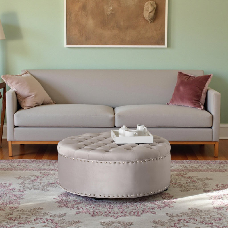 Repose-pieds rond en velours gris clair H 15 po x l 37,25 po x P 37,25 po Miralena, Gris clair