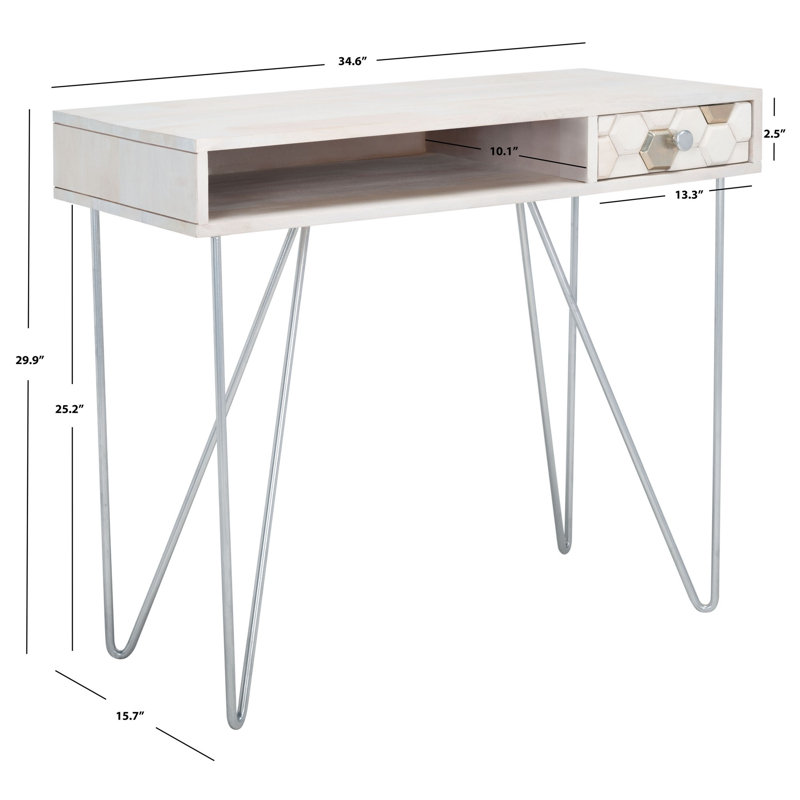 Bureau en bois massif Kershaw, Blanc délavé, Argent