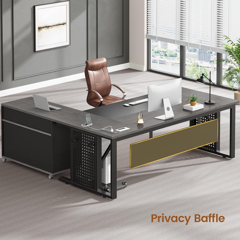 71" Computer Desk Executive Desk With Rolling File Cabinet, Gray/Black