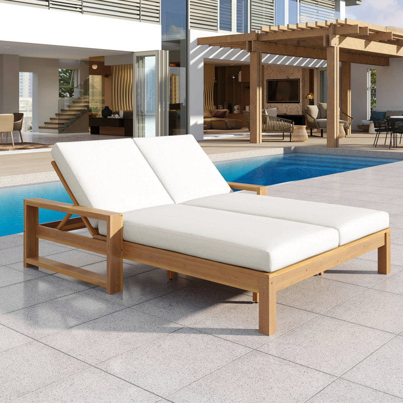 Outdoor Double Lounge Chair With 5-Position Adjustable Backrest For Each Seat, Wood Patio Chaise Lounge With Removable Cushions For Patio, Poolside, Garden