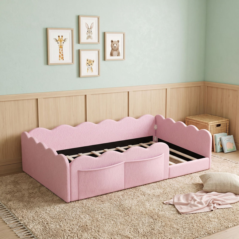 Lit tapissier au sol avec tissu en peluche doux et garde-corps, Lit simple, Rose