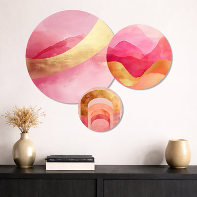 «Contemporary Flow I» - Arcs roses et dorés I - Fluide, impression murale en métal 3 pièces