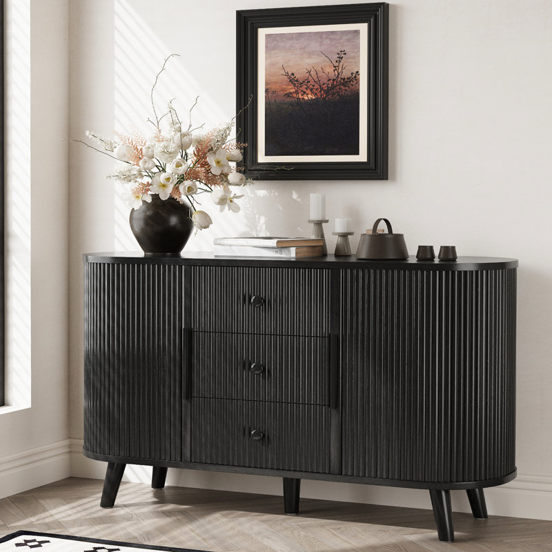 Buffet avec 2 portes à tambour coulissantes et 3 tiroirs, armoire de rangement avec tablettes réglables pour le salon, Noir