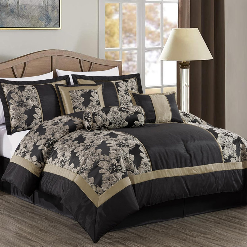 Hibiscus Floral Jacquard Comforter Set, King Comforter + 6 Additional Pieces, Cameron Black