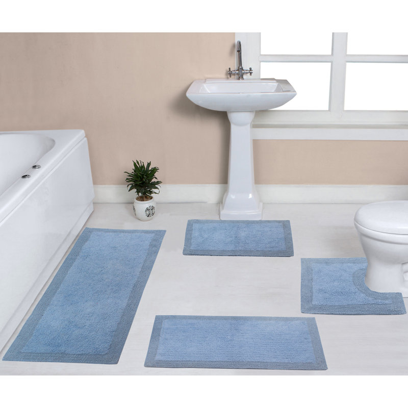 Tapis pour salle de bain réversible 100% coton (ensemble de 4) Bruss, Bleu
