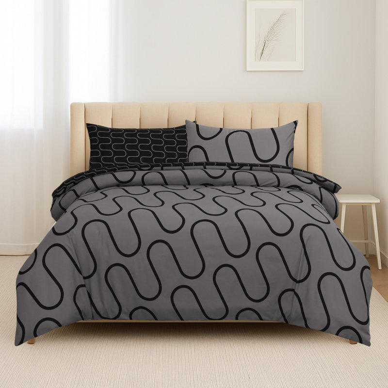 Soft Microfiber Printed Duvet Cover Set with Pillowcases, Black/Grey Wave, Super King Duvet Cover + 2 Standard Pillowcases
