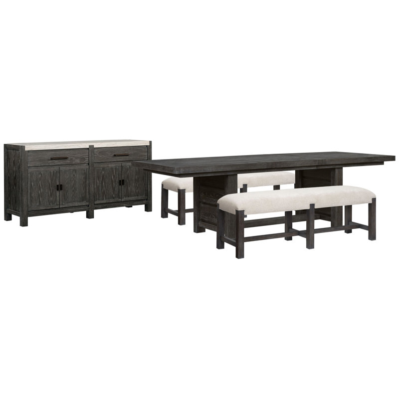 Rectangular Dining Table With 2 Benches And Sideboard, 4 Pieces: Table, 2 Benches, Sideboard