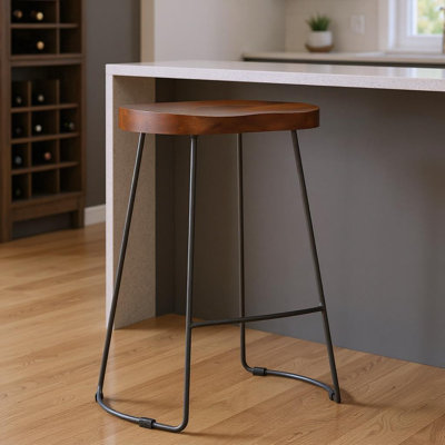 Hukill 30" Brown and Black Solid Wood and Iron Bar Height Bar Chair