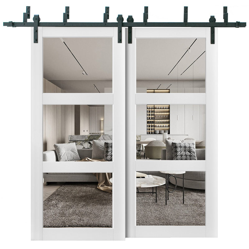 Portes coulissantes de grange coulissantes en verre transparent 3 lumières | Lucia 2555 | Ensemble de quincaillerie robuste pour rails 6,6 pi | Portes de garde-robe de chambre en bois massif - verre transparent