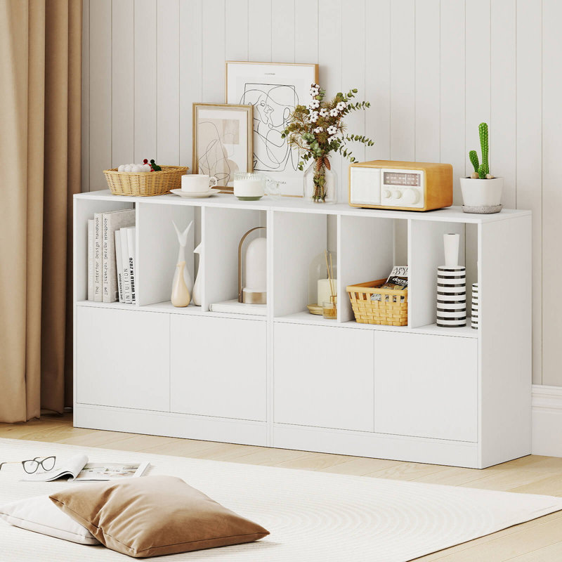 2 PCS Cube Bookcase with Doors, Open Compartments & Cabinet, Modern Display Shelf White, 2, White