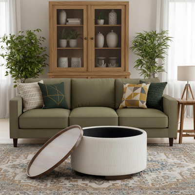 Table basse ronde avec repose-pieds 29,5 pouces, table basse circulaire moderne avec rangement avec couvercle amovible et pieds en bois massif, grand repose-pieds rond pour la chambre à coucher et le salon