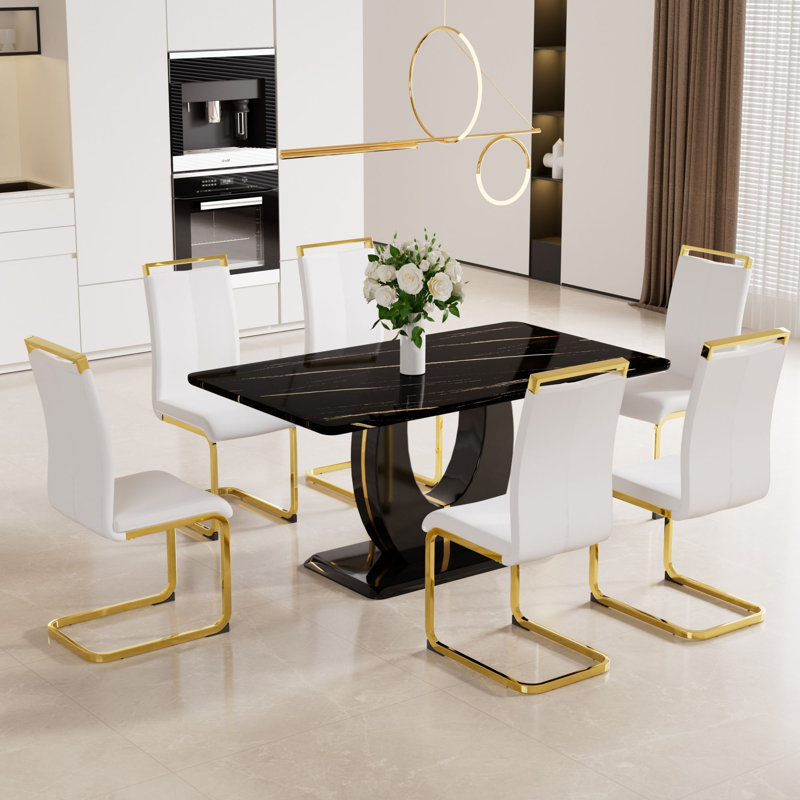 Katalya 8 - Person Pedestal Dining Set, Black, White/Gold