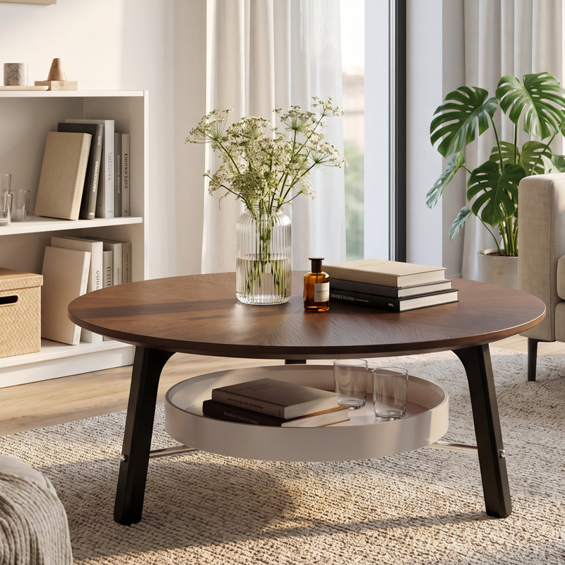 Table basse ronde de 90 cm avec tablettes de rangement à 2 niveaux