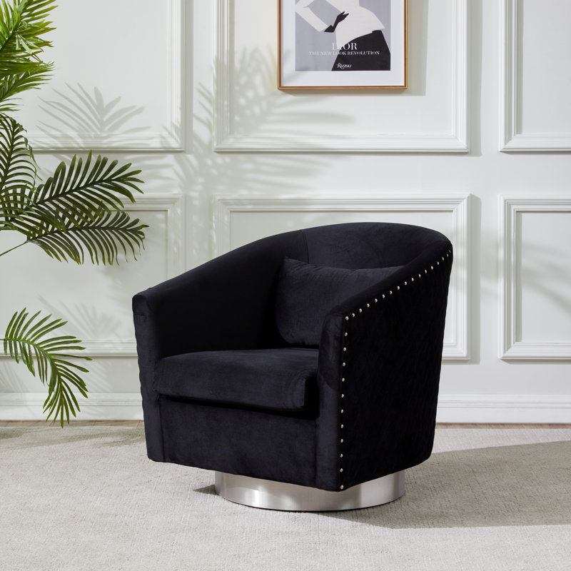 Skye Upholstered Swivel Barrel Chair, Black Velvet, Silver