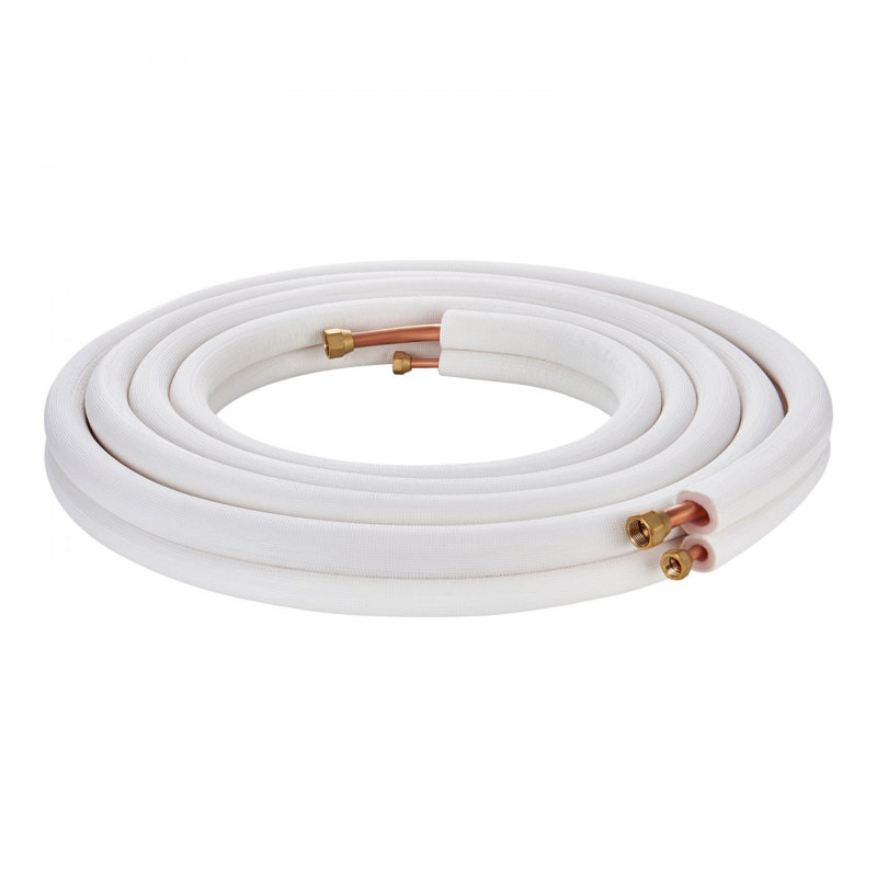 Mini ensemble de 25 pi de lignes divisées, tuyaux en cuivre de 1/4 po et 3/8 po de diamètre extérieur et isolation à trois couches, pour les équipements de réfrigération ou de pompe à chaleur et de CVC avec bandes d’emballage.