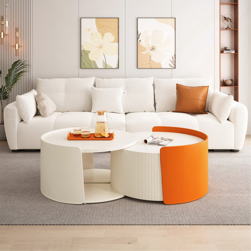 Table basse gigogne moderne avec plateau coulissant extensible, Blanc antique / orange