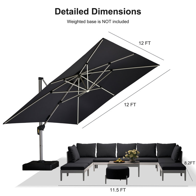 365cm Lighted Cantilever Parasol, Grey