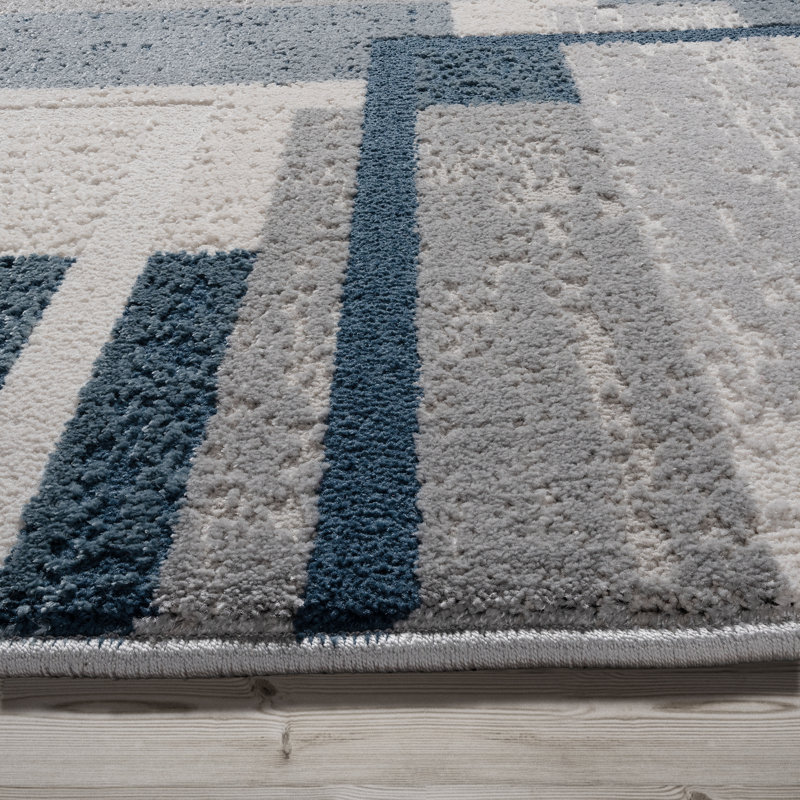 Tapis en polyester / polypropylène bleu moderne à motif géométrique abstrait Ethan Ethan - salon et chambre à coucher