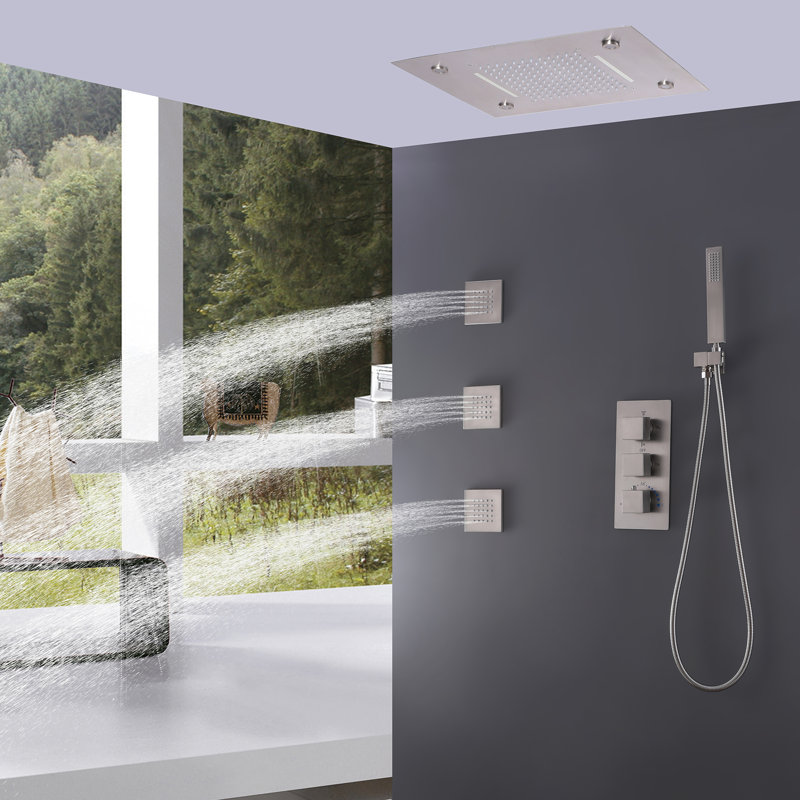 LED Thermostatic Complete Shower System with Rough-in Valve and Handheld Shower, Brushed Nickel