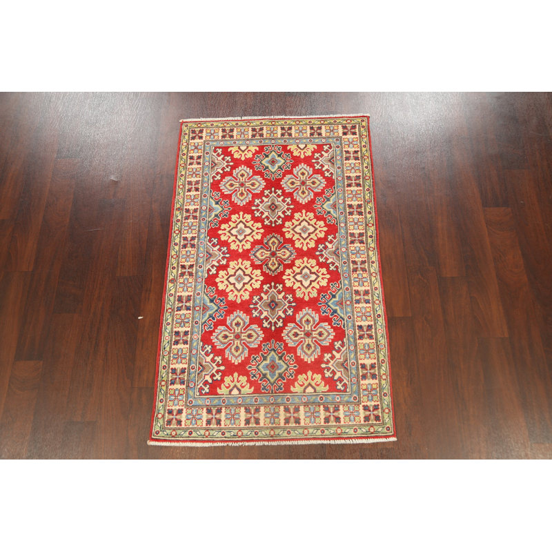Tapis rouge / bleu / ivoire / gris anthracite en laine noué à la main 3 pi x 4 pi 11 po