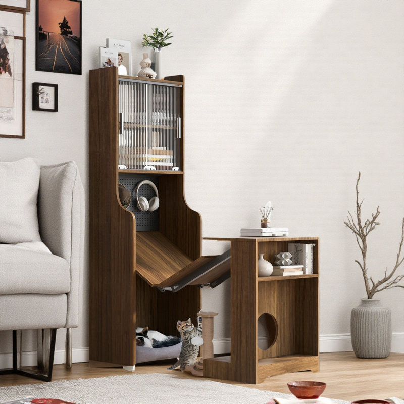Mid-century Multi-use Extenable Cabinet Desk With Storage Peg Board, Storage Cabinet With Sliding Glass Doors, Led Light, Free Cat Cushion And Cat Toy