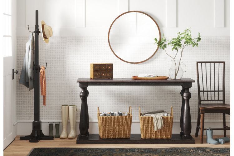farmhouse-inspired entryway with a bright neutral palette
